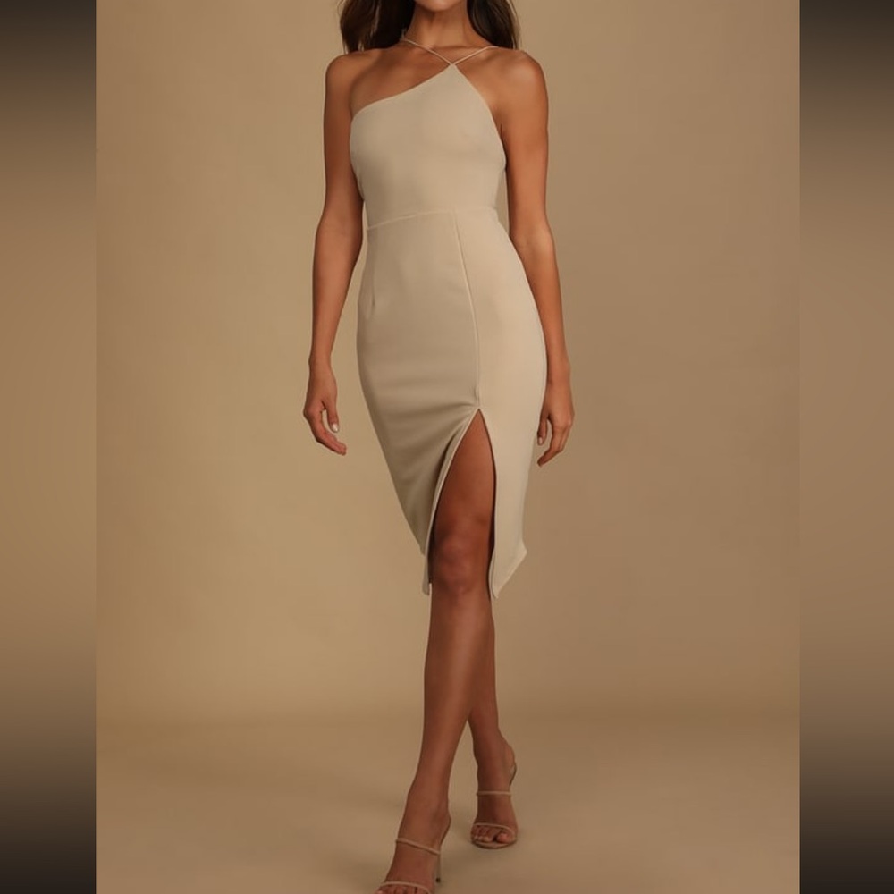 Lulus Happiest Hour Beige Asymmetrical Bodycon Midi Dress